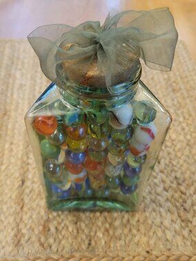 Vintage Glass Jar Is Filled With An Assortment Of VTG Marbles